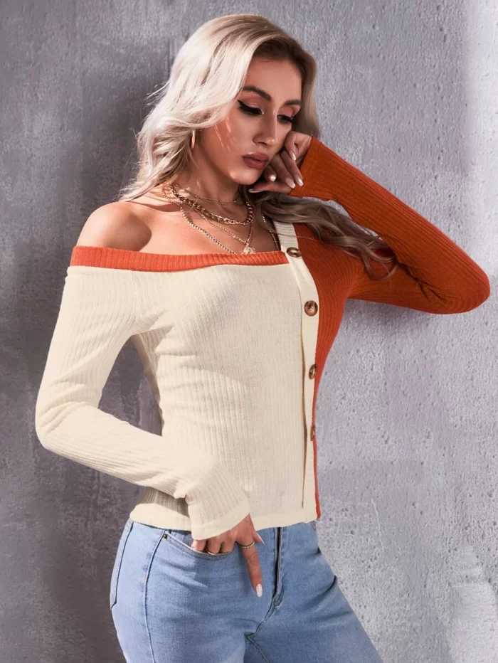 Color Block Asymmetrical Neck Fake Button Tee - Image 3