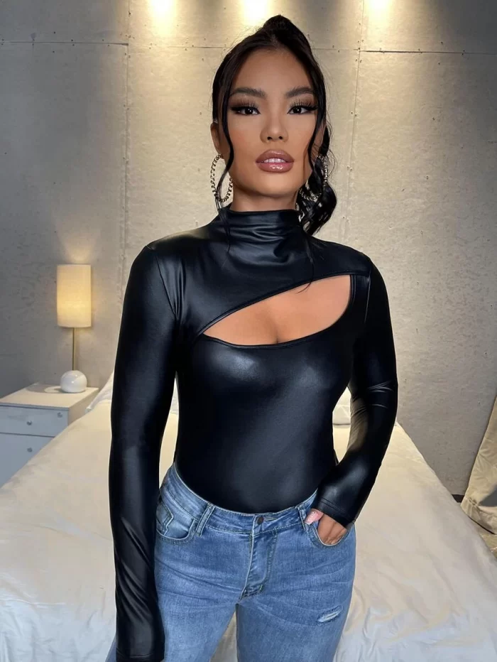 SHEIN Cutout Funnel Neck PU Leather Tee