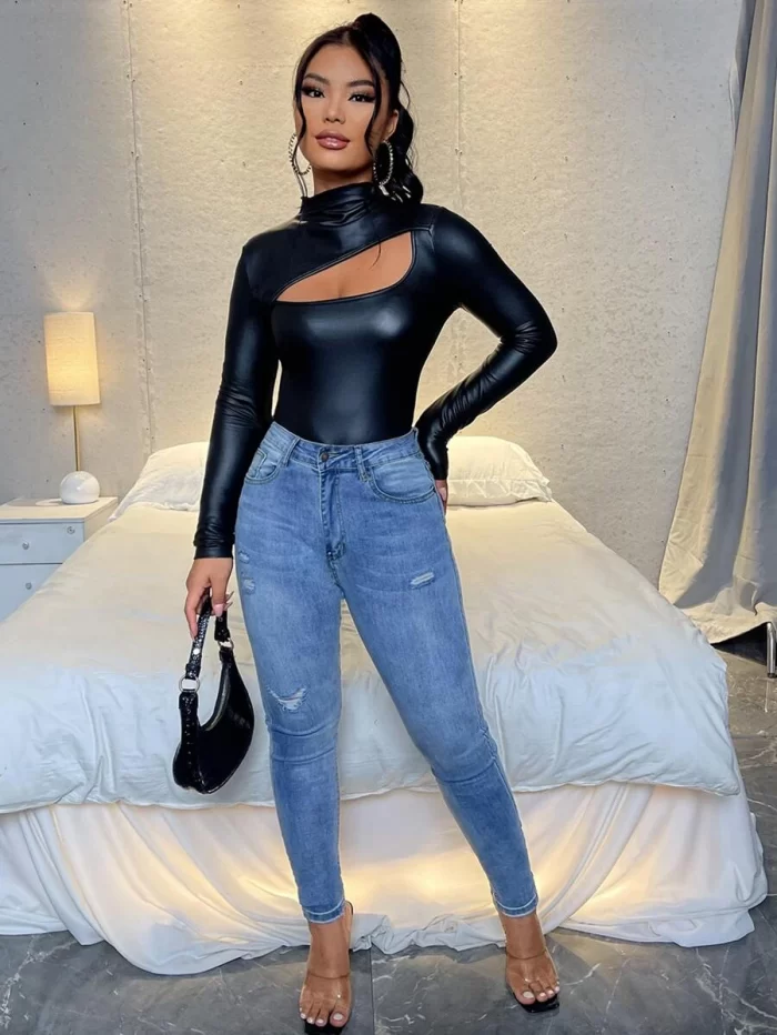 SHEIN Cutout Funnel Neck PU Leather Tee - Image 4