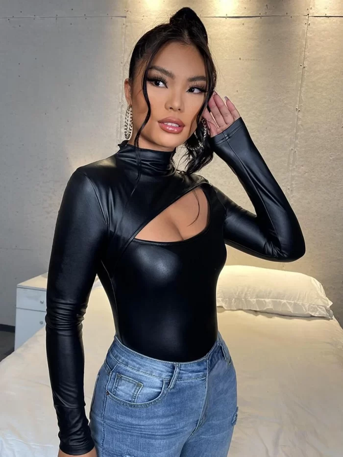SHEIN Cutout Funnel Neck PU Leather Tee - Image 5