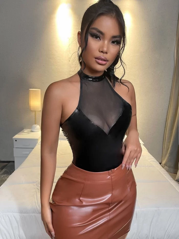 SHEIN Mesh Insert Halter Neck PU Leather Bodysuit - Image 3