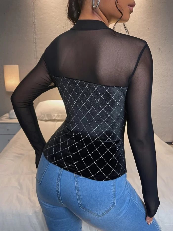 SHEIN Mock Neck Mesh Insert Plaid Tee - Image 2