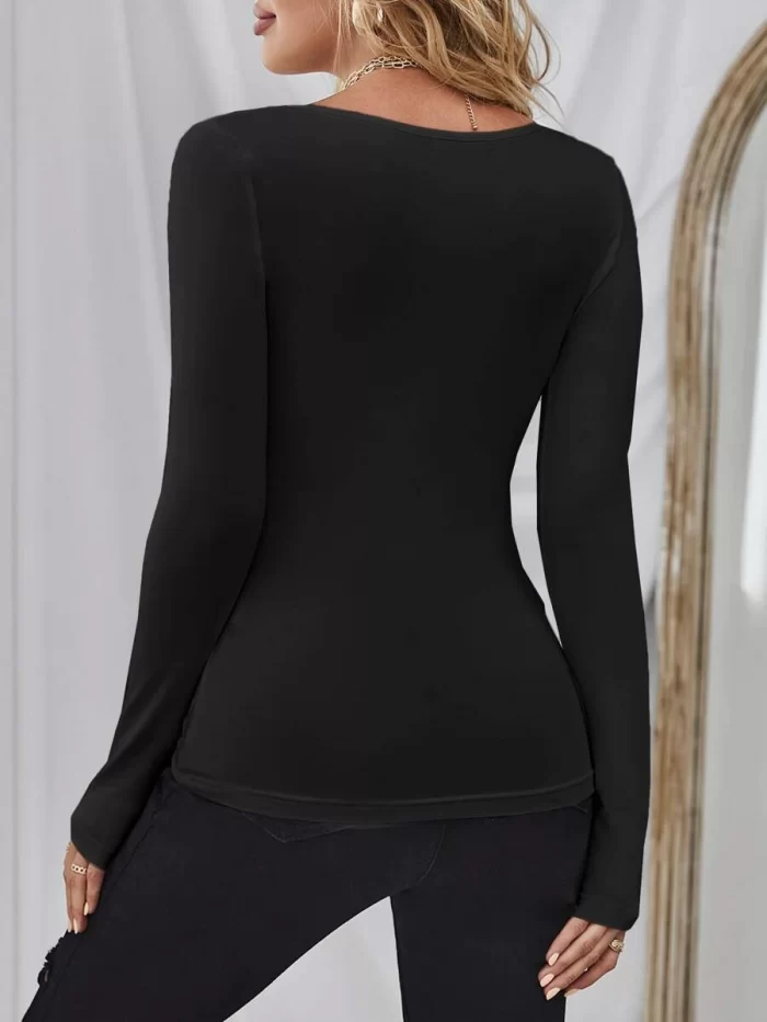 Solid Notched Neck Slim Tee - Image 2