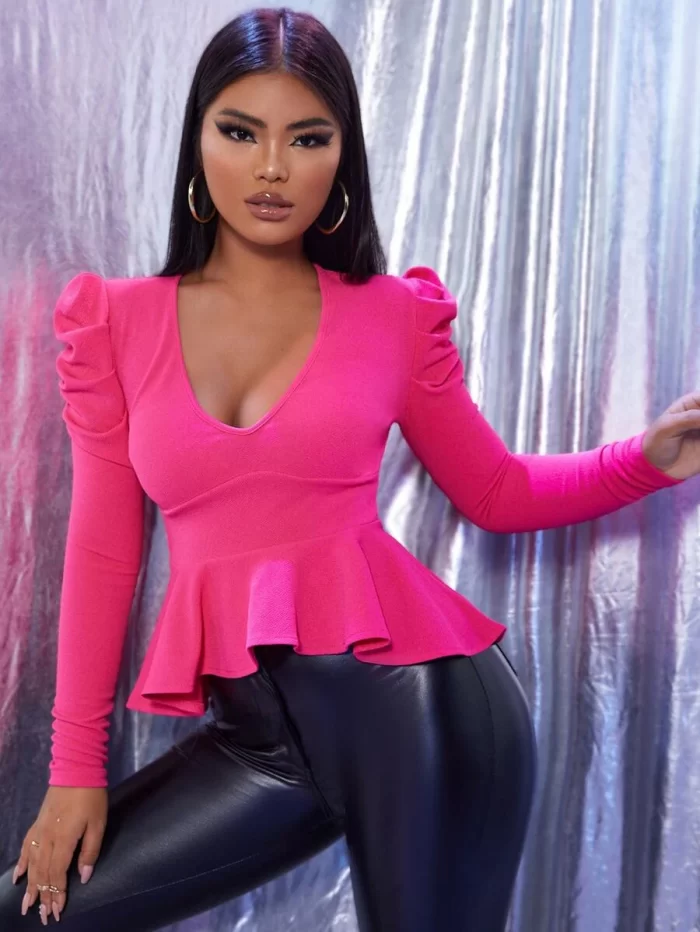 Solid Ruffle Hem Gigot Sleeve Top - Image 3