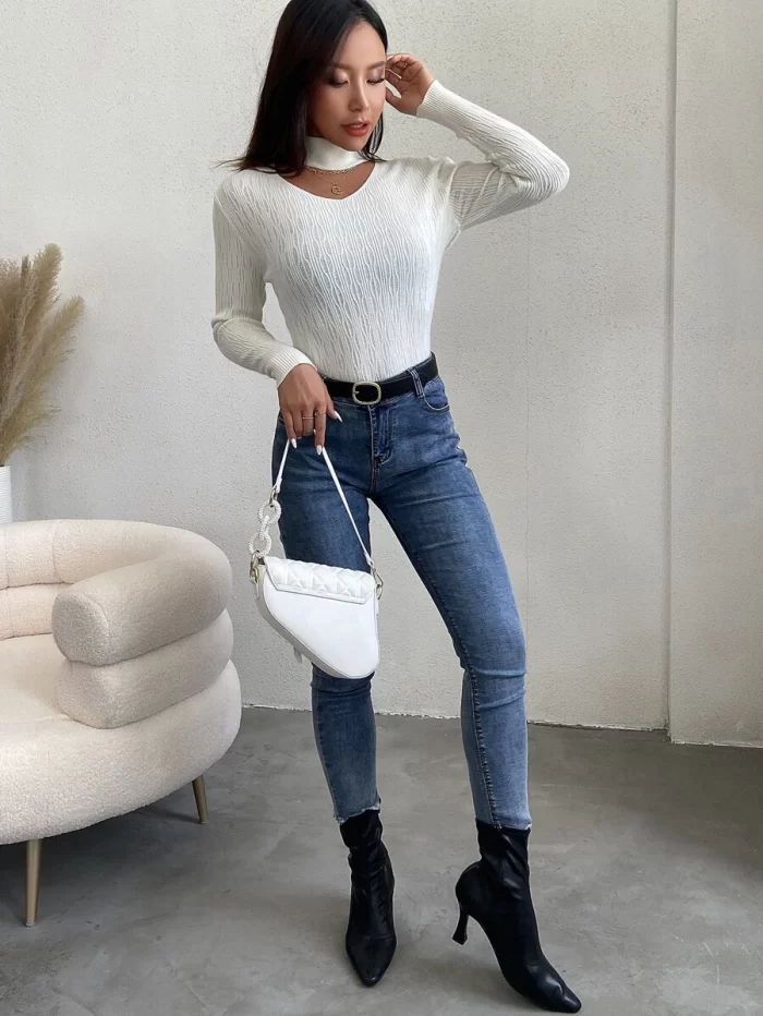 Choker Neck Textured Knit Sweater - Image 3