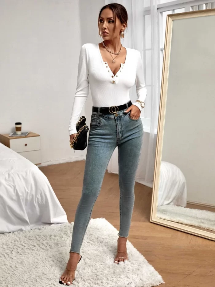 Half Button Ribbed Knit Slim Fit Bodysuit - Image 5