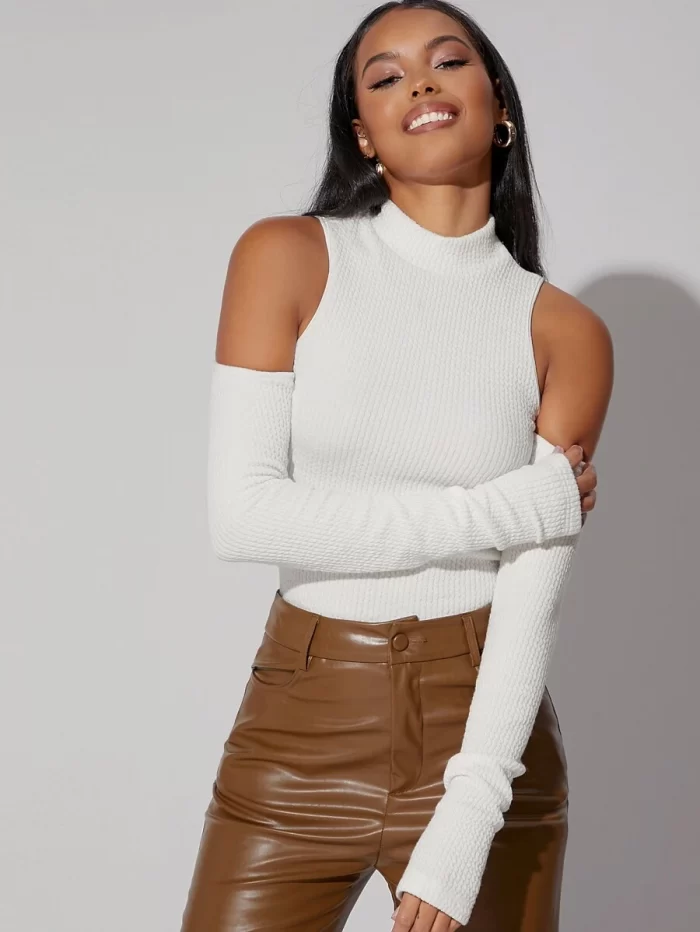 SHEIN Mock Neck Cold Shoulder Slim Tee - Image 3