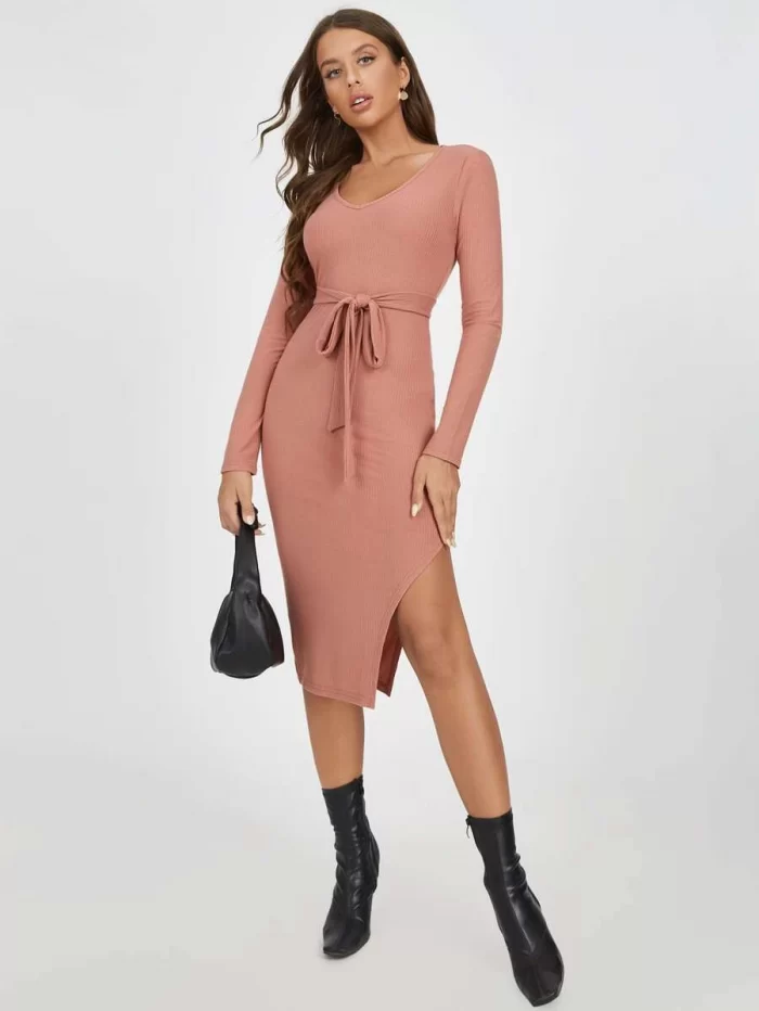 SHEIN Ribbed Knit Belted Split Thigh Dress