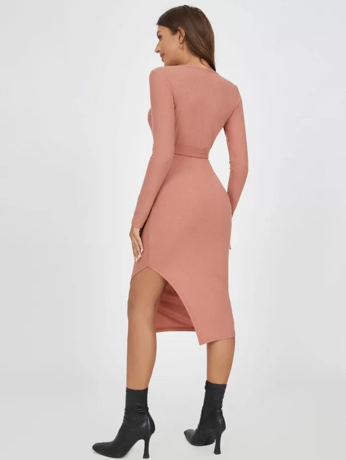 SHEIN Ribbed Knit Belted Split Thigh Dress - Image 2