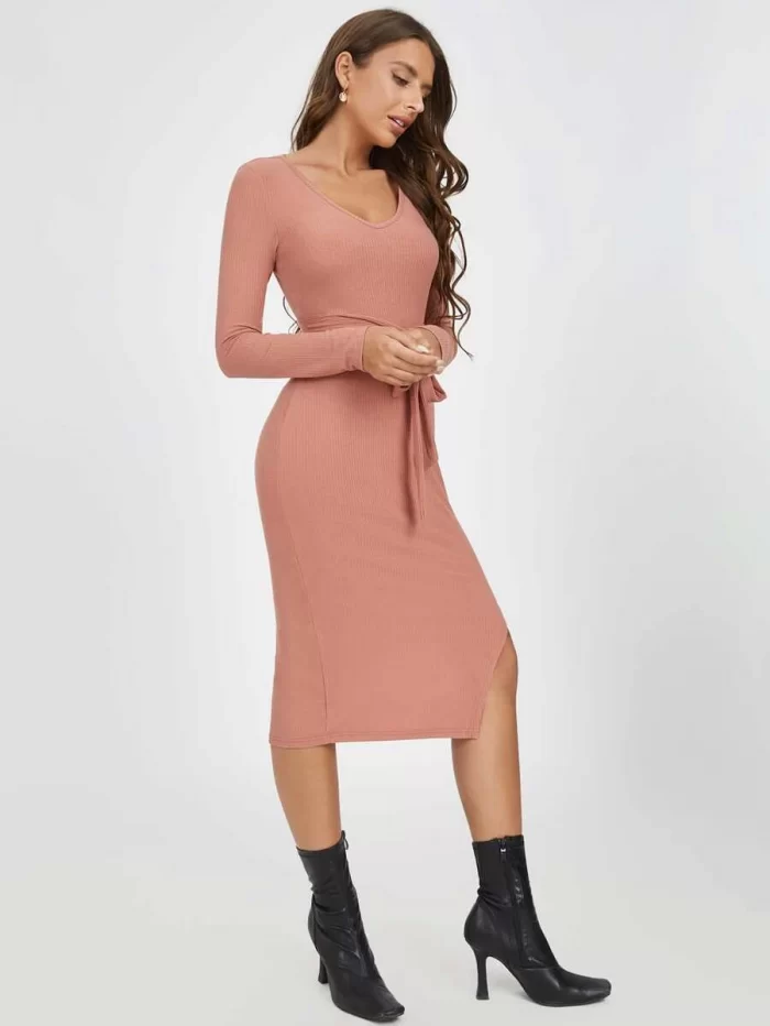 SHEIN Ribbed Knit Belted Split Thigh Dress - Image 3