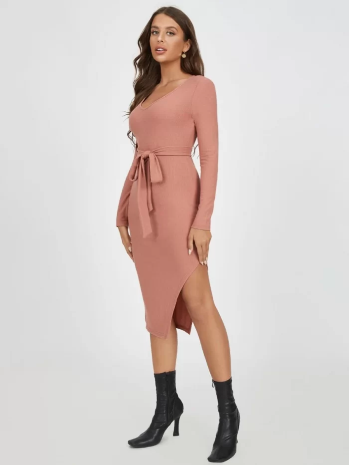 SHEIN Ribbed Knit Belted Split Thigh Dress - Image 5