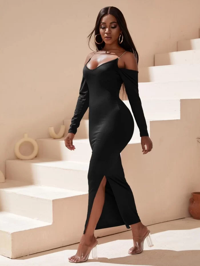 SHEIN SXY Chain Detail Cold Shoulder Split Hem Bodycon Dress