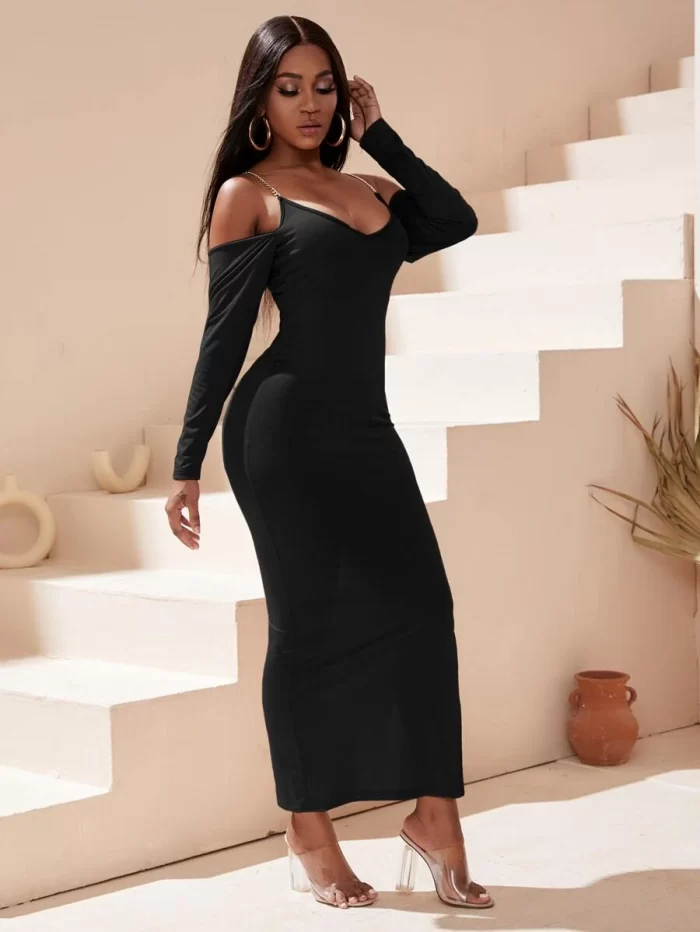 SHEIN SXY Chain Detail Cold Shoulder Split Hem Bodycon Dress - Image 3