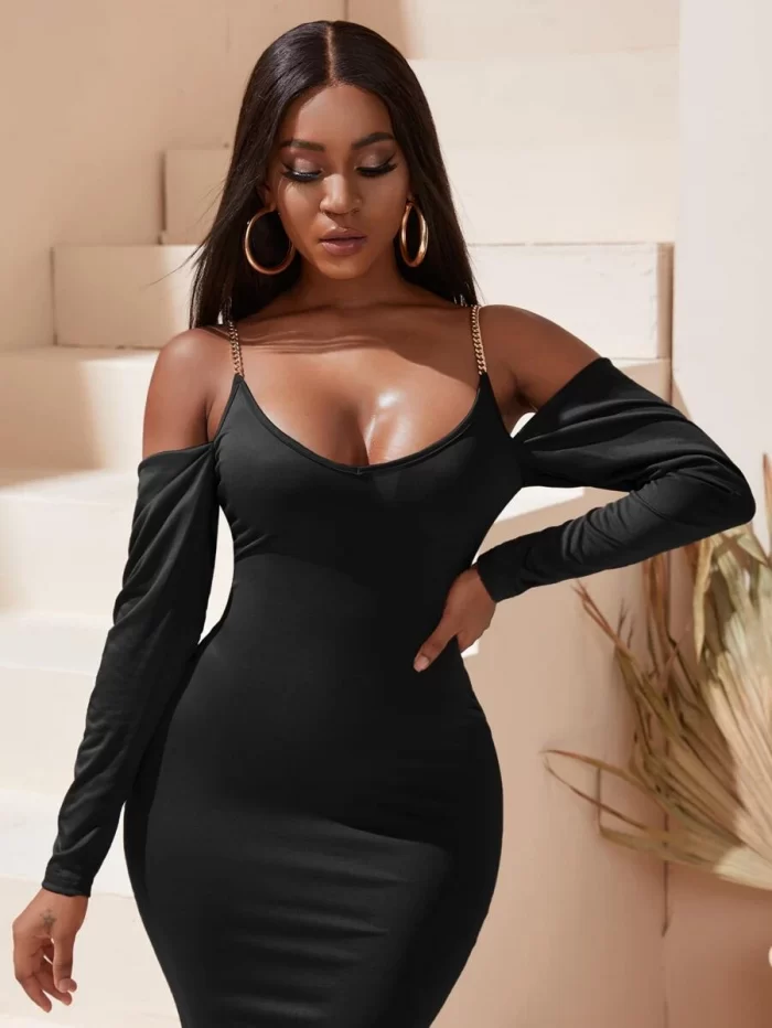 SHEIN SXY Chain Detail Cold Shoulder Split Hem Bodycon Dress - Image 4