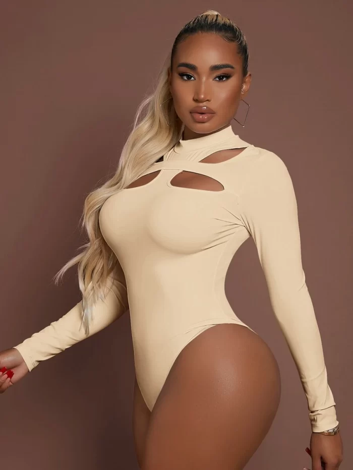 SHEIN Solid Cut Out Mock Neck Bodysuit - Image 4