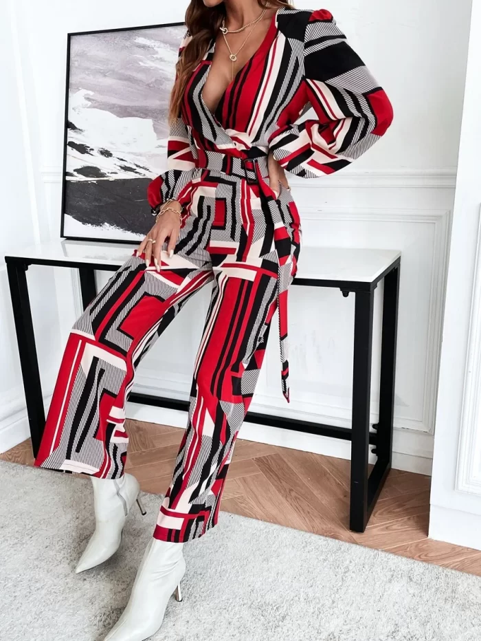 Geo Print Overlap Collar Lantern Sleeve Belted Jumpsuit