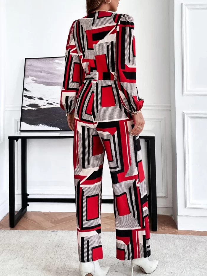 Geo Print Overlap Collar Lantern Sleeve Belted Jumpsuit - Image 5