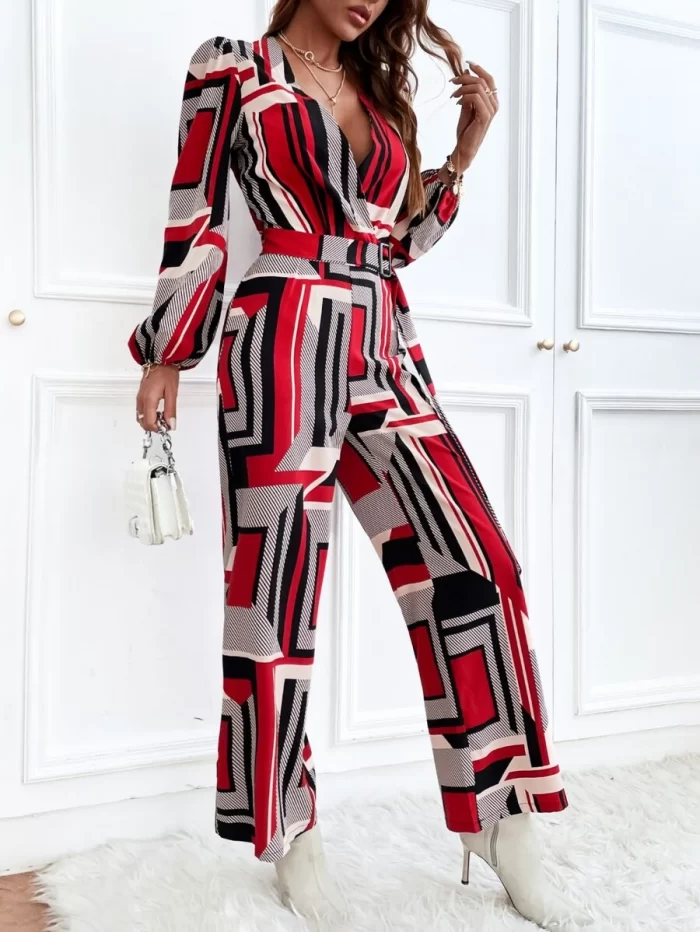 Geo Print Overlap Collar Lantern Sleeve Belted Jumpsuit - Image 3