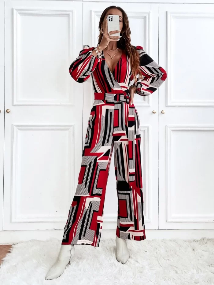 Geo Print Overlap Collar Lantern Sleeve Belted Jumpsuit - Image 4