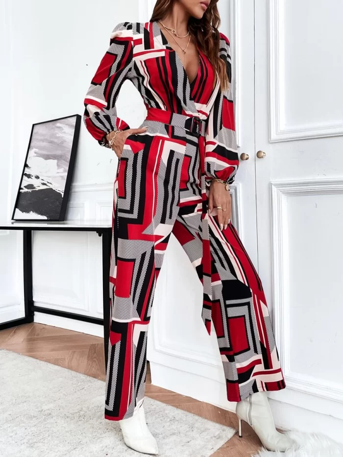 Geo Print Overlap Collar Lantern Sleeve Belted Jumpsuit - Image 6
