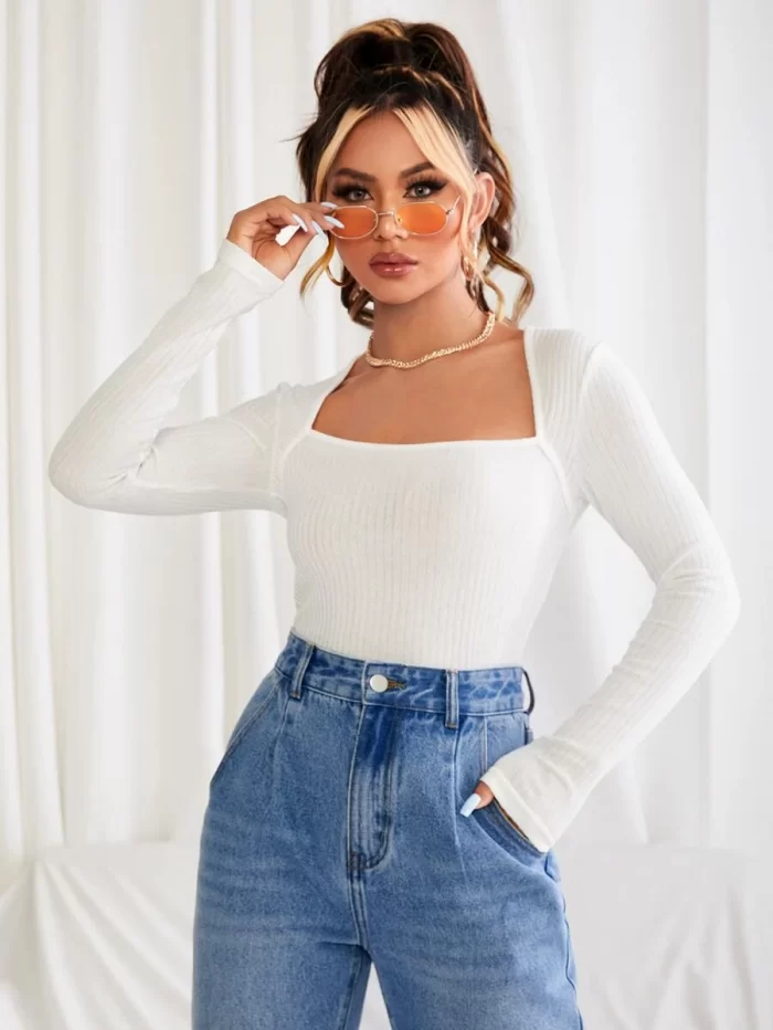 SHEIN Square Neck Rib-knit Top - Image 2