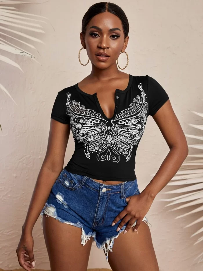 Butterfly Print Notch Neck Tee