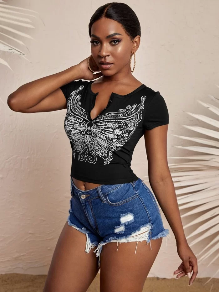 Butterfly Print Notch Neck Tee - Image 5