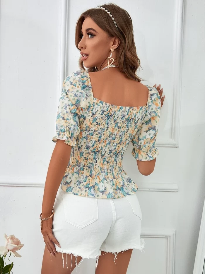 Floral Print Puff Sleeve Shirred Peplum Blouse - Image 2