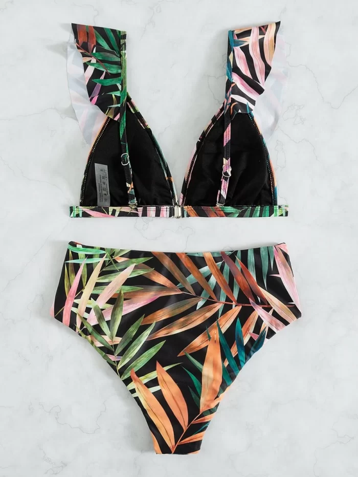 Leaf Pattern Ruffle V Neck Bikini Swimsuit - Image 2