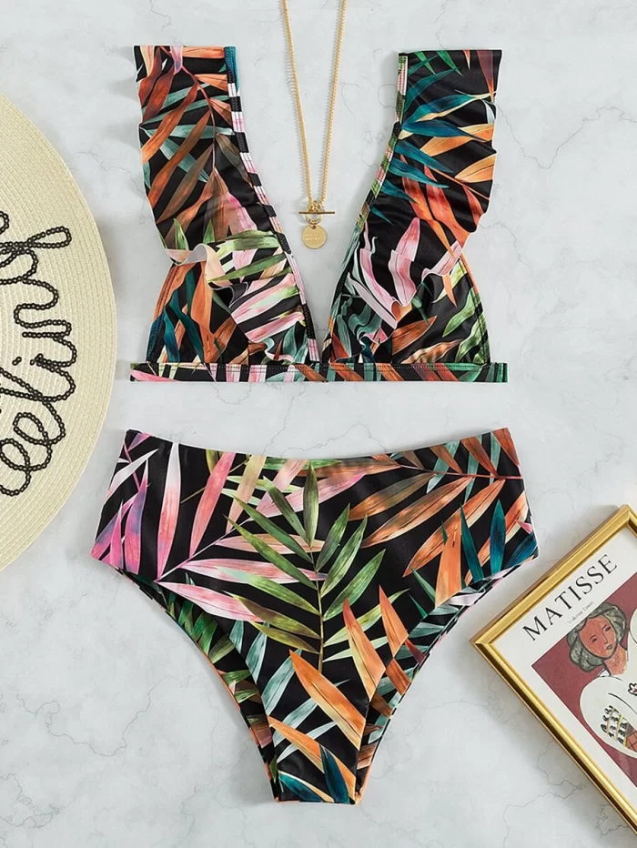 Leaf Pattern Ruffle V Neck Bikini Swimsuit - Image 3