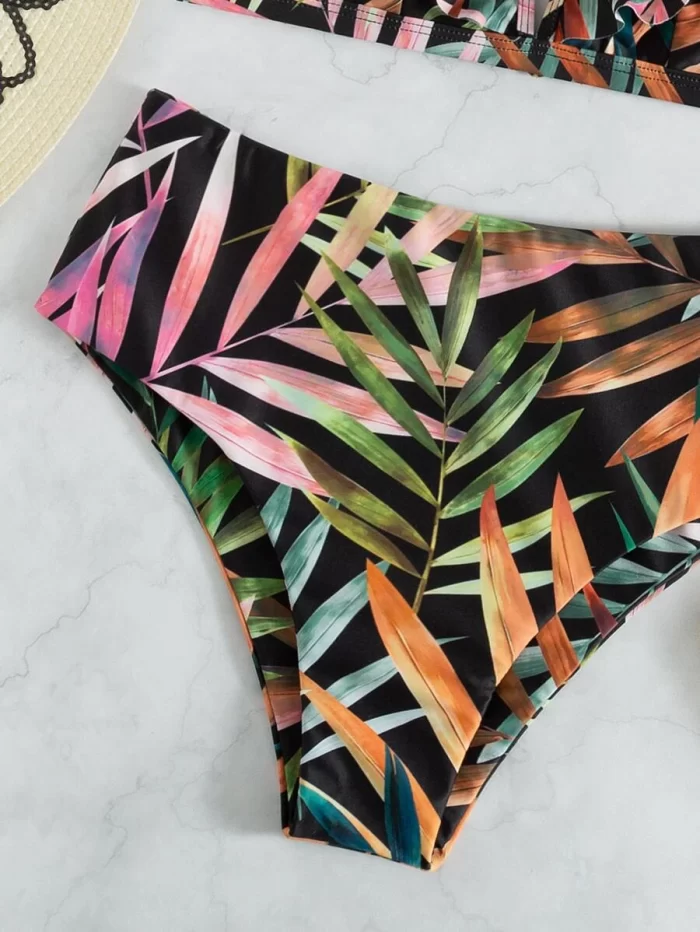 Leaf Pattern Ruffle V Neck Bikini Swimsuit - Image 4