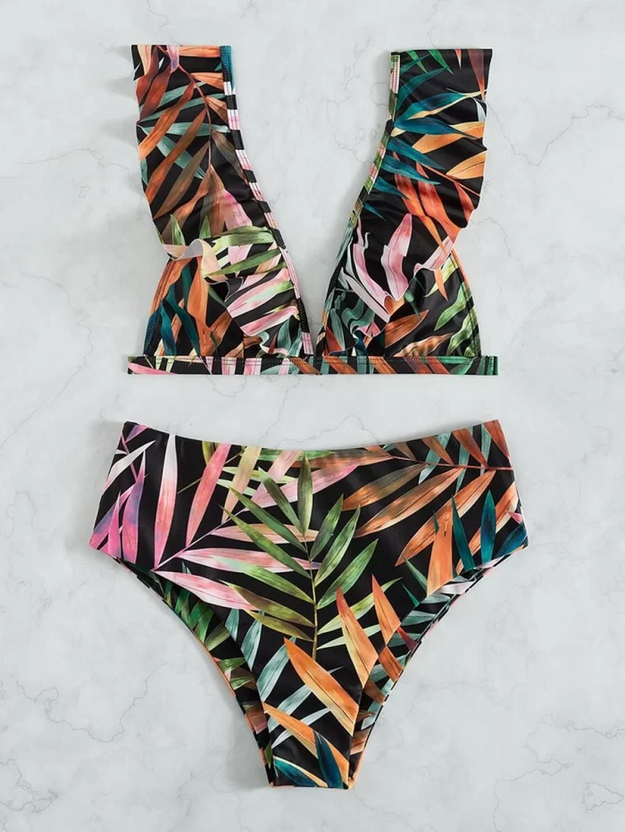Leaf Pattern Ruffle V Neck Bikini Swimsuit - Image 5