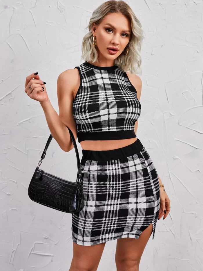 Plaid Print Tank Top & Split Hem Bodycon Skirt