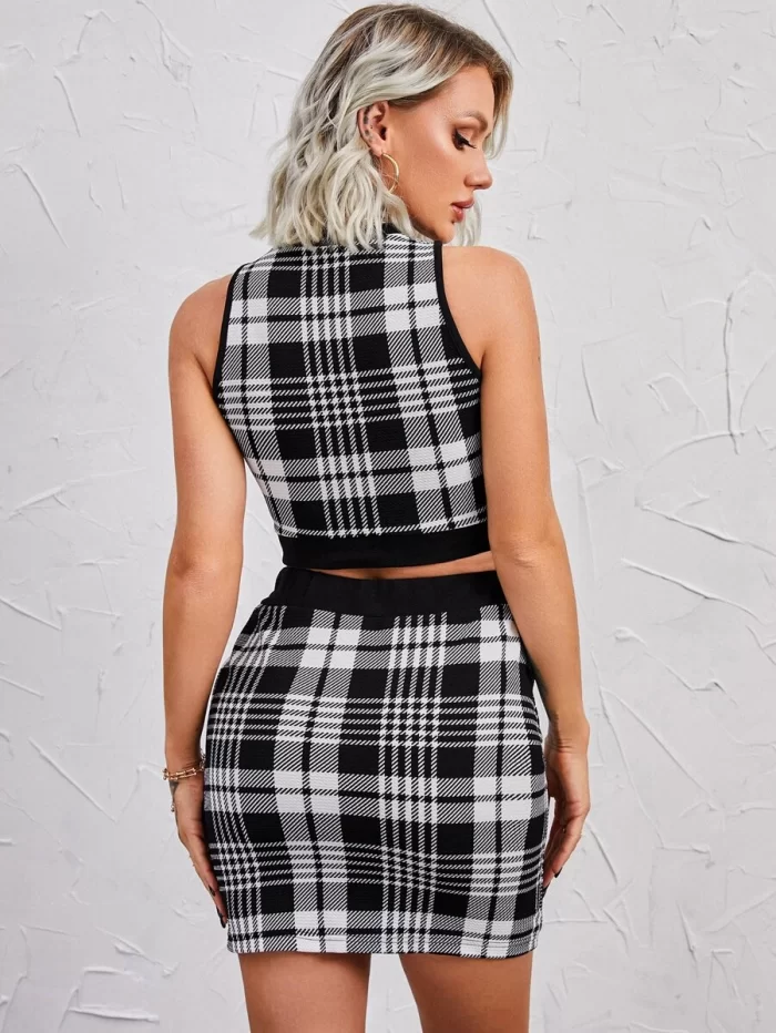 Plaid Print Tank Top & Split Hem Bodycon Skirt - Image 2