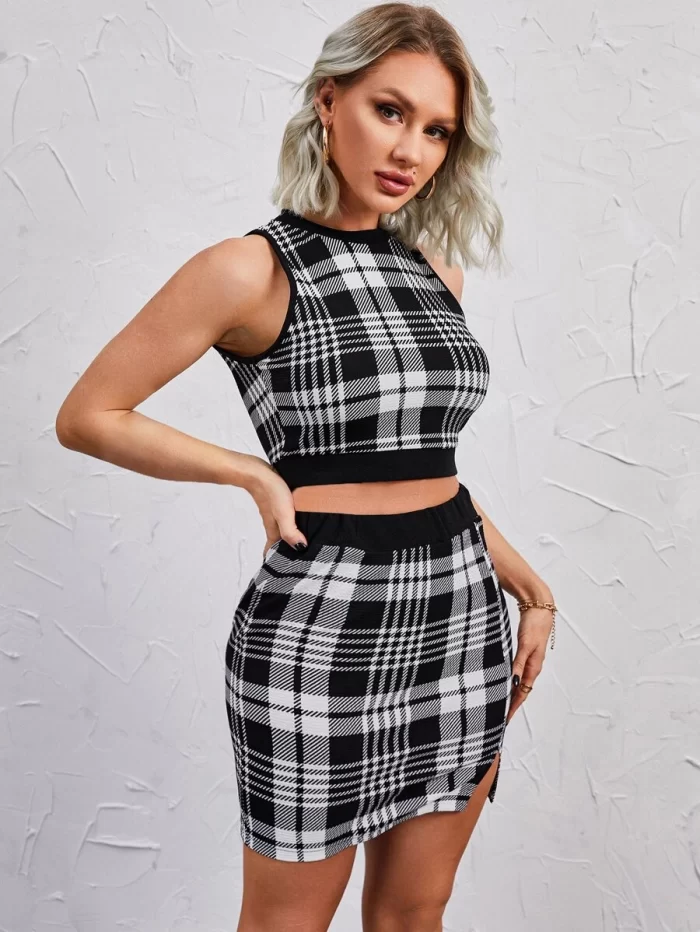 Plaid Print Tank Top & Split Hem Bodycon Skirt - Image 4