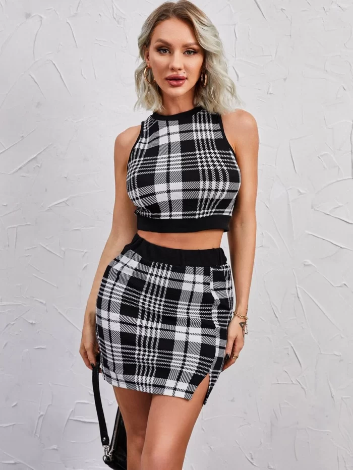 Plaid Print Tank Top & Split Hem Bodycon Skirt - Image 5