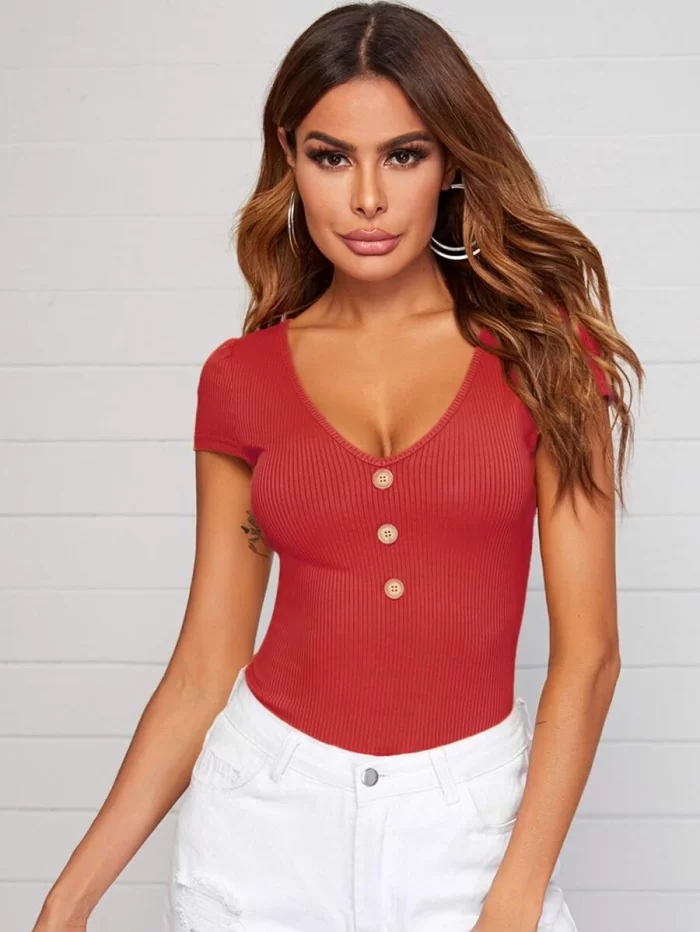 SHEIN V-Neck Button Front Rib-knit Top