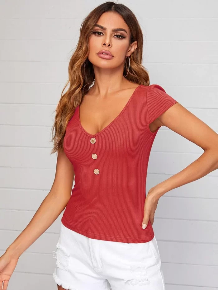 SHEIN V-Neck Button Front Rib-knit Top - Image 3