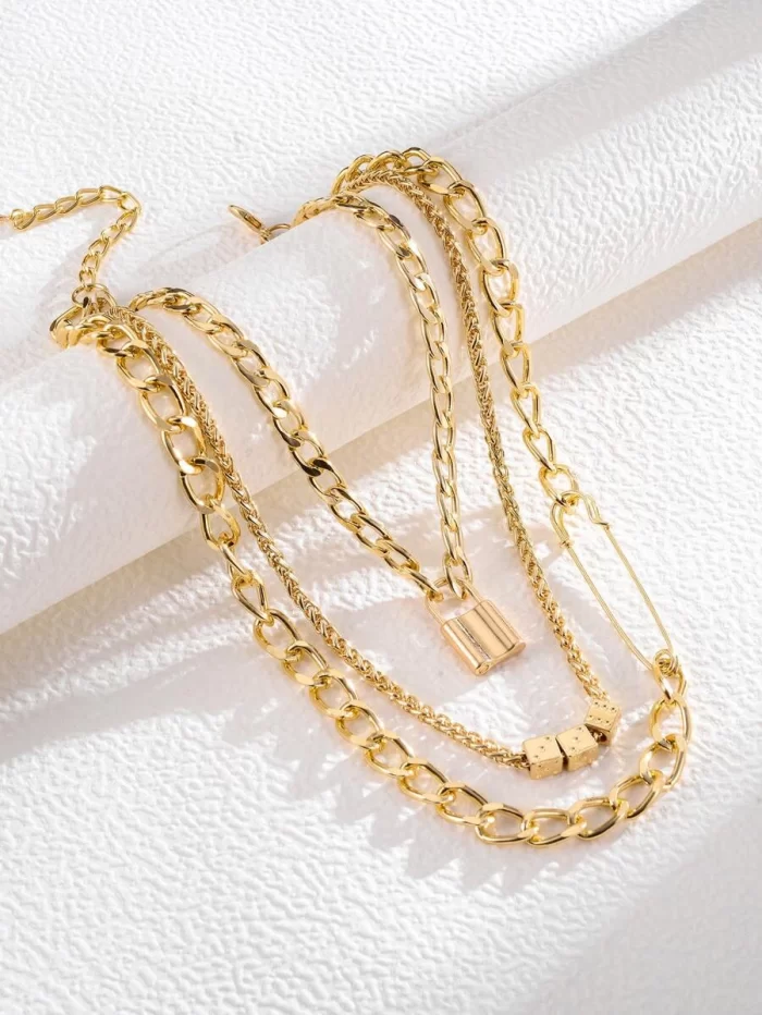 14K Gold Plated Lock Charm Layered Necklace