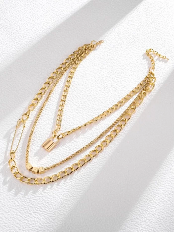 14K Gold Plated Lock Charm Layered Necklace - Image 2