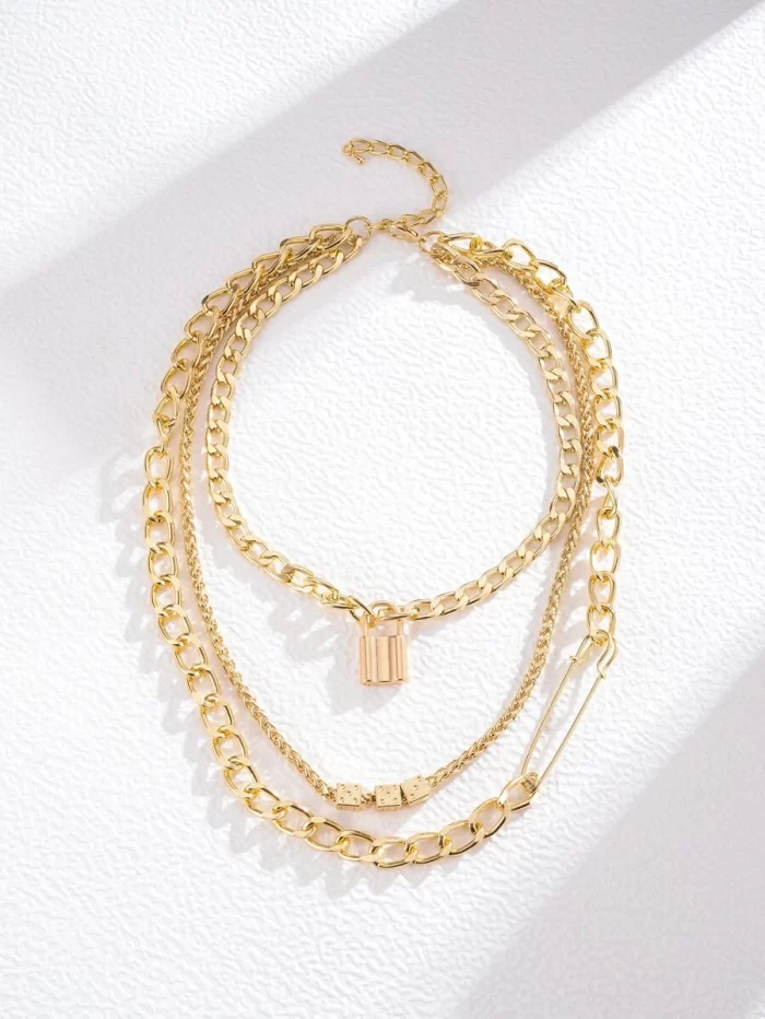 14K Gold Plated Lock Charm Layered Necklace - Image 6