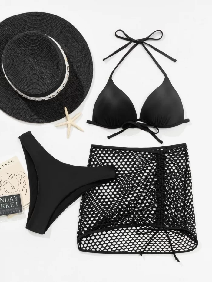 3pack Solid Halter Bikini Swimsuit & Fishnet Beach Skirt - Image 3