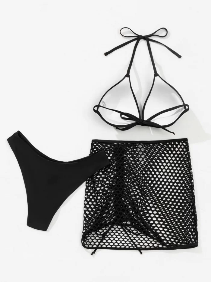 3pack Solid Halter Bikini Swimsuit & Fishnet Beach Skirt - Image 4
