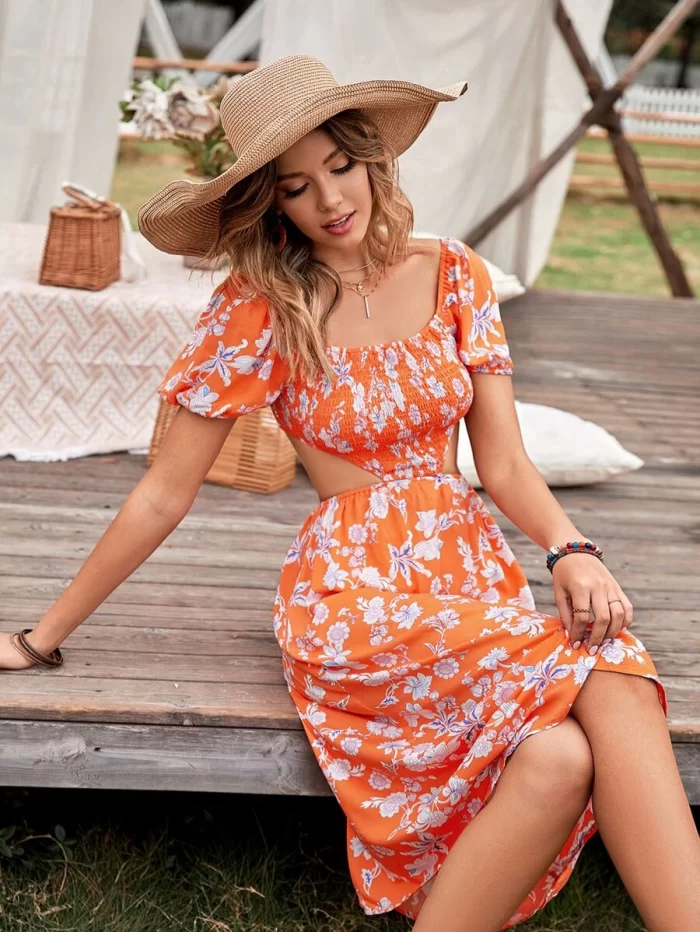 Allover Floral Print Shirred Back Cutout Dress - Image 6