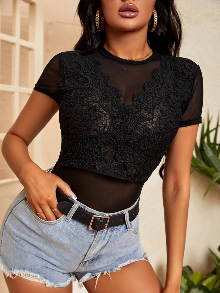 Contrast Guipure Lace Mesh Top Without Bra - Her Shop EG