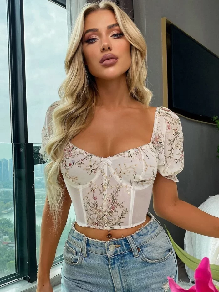 Puff Sleeve Embroidered Flower Milkmaid Top