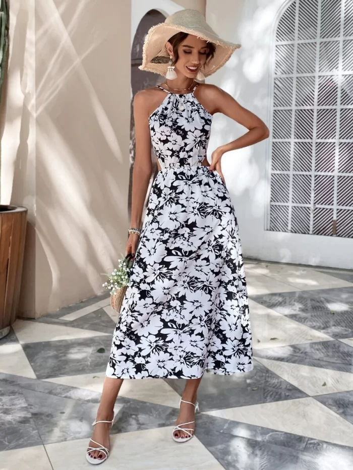 Backless Knot Detail Floral Print Dress