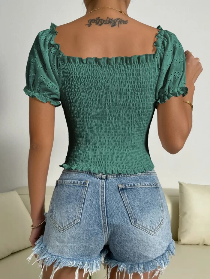 Eyelet Embroidery Puff Sleeve Shirred Top - Image 2