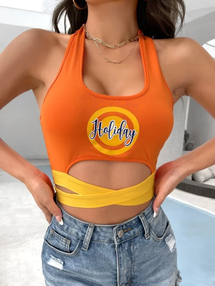 Halter Neck Colorblock Letter Graphic Tie Back Crop Top - Image 2