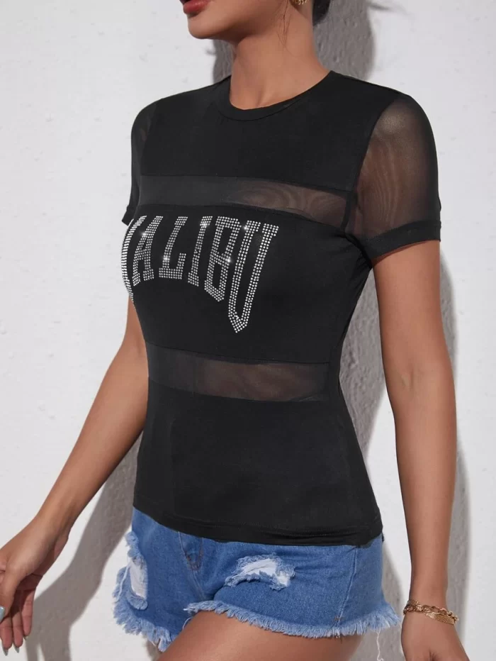 Rhinestone Letter Pattern Sheer Mesh Insert Top - Image 3